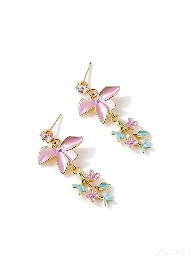 Gold Plated Women's Pink Mother of Pearl Butterfly Earrings with Small Flowers Elegant Dainty Versatile for Daily & Special Occasions - Image 3